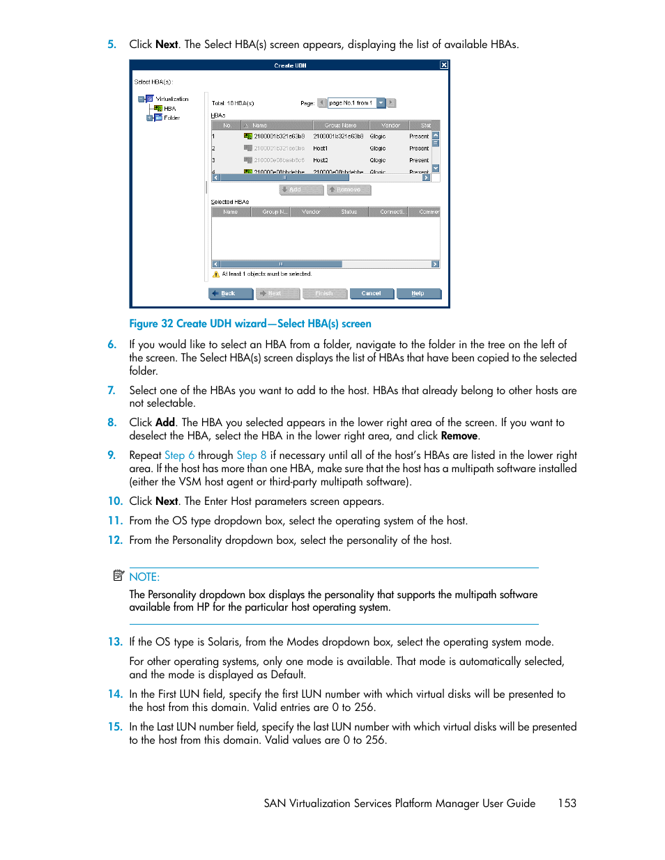 Create udh wizard—select hba(s) screen | HP SAN Virtualization Services Platform User Manual | Page 153 / 400