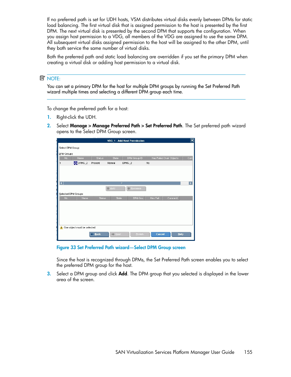 Set preferred path wizard—select dpm group screen | HP SAN Virtualization Services Platform User Manual | Page 155 / 400