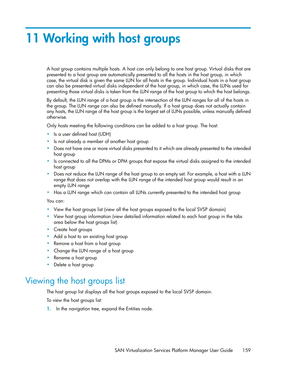 11 working with host groups, Viewing the host groups list | HP SAN Virtualization Services Platform User Manual | Page 159 / 400