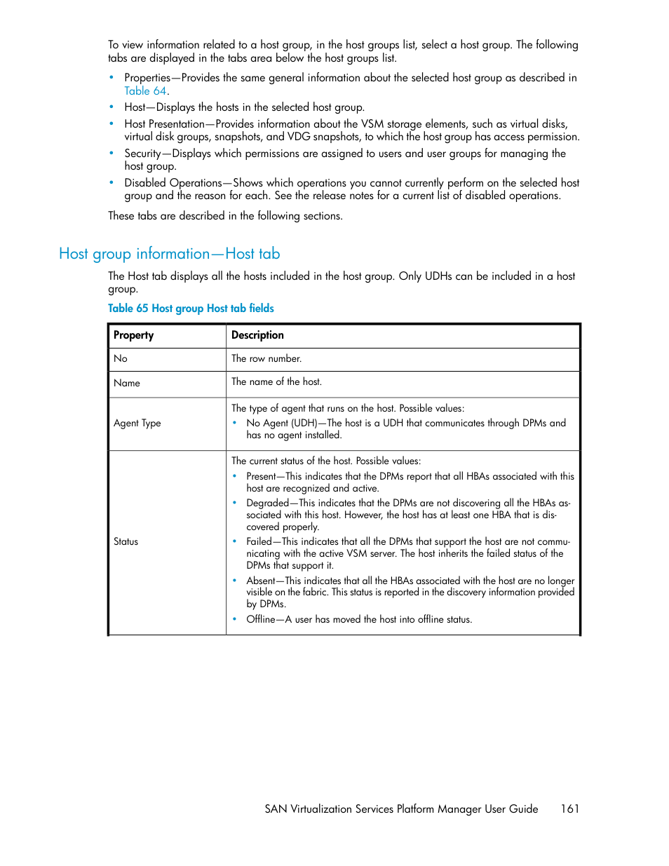 Host group information—host tab, Host group host tab fields | HP SAN Virtualization Services Platform User Manual | Page 161 / 400