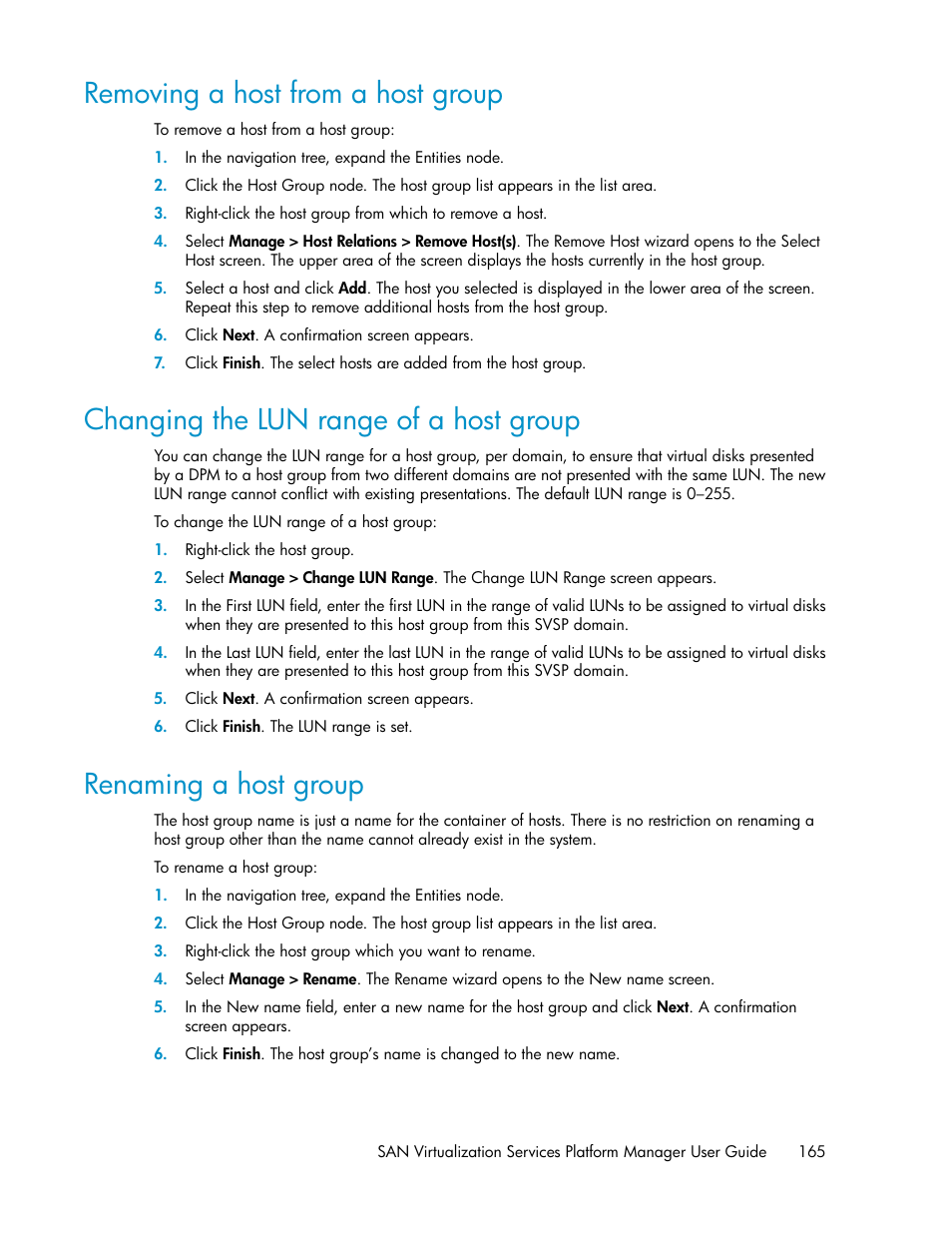 Removing a host from a host group, Changing the lun range of a host group, Renaming a host group | 165 changing the lun range of a host group, 165 renaming a host group | HP SAN Virtualization Services Platform User Manual | Page 165 / 400