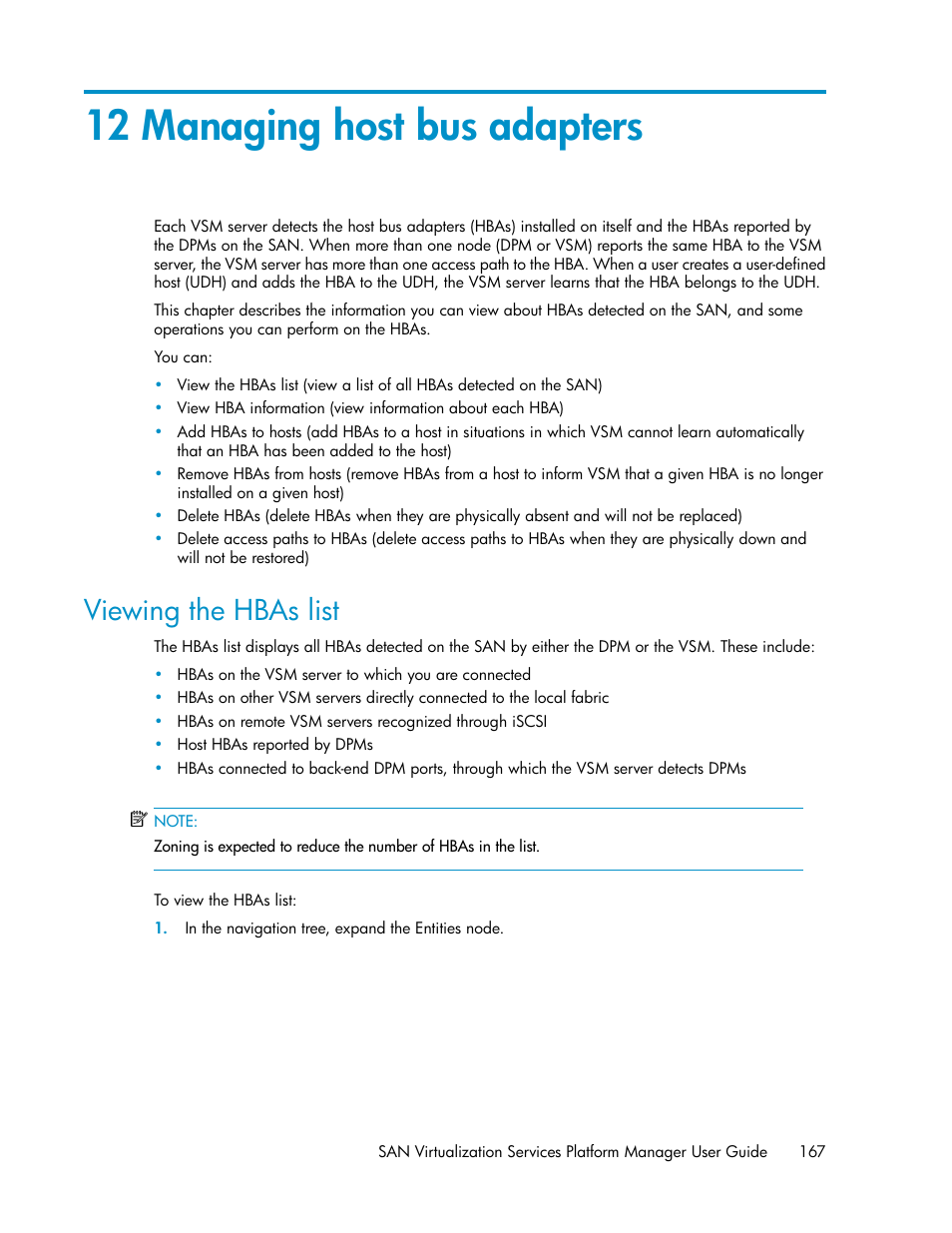 12 managing host bus adapters, Viewing the hbas list | HP SAN Virtualization Services Platform User Manual | Page 167 / 400