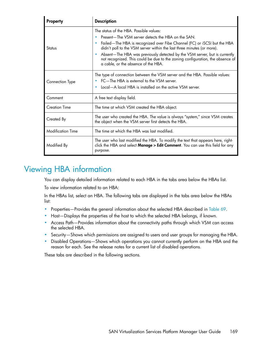 Viewing hba information | HP SAN Virtualization Services Platform User Manual | Page 169 / 400