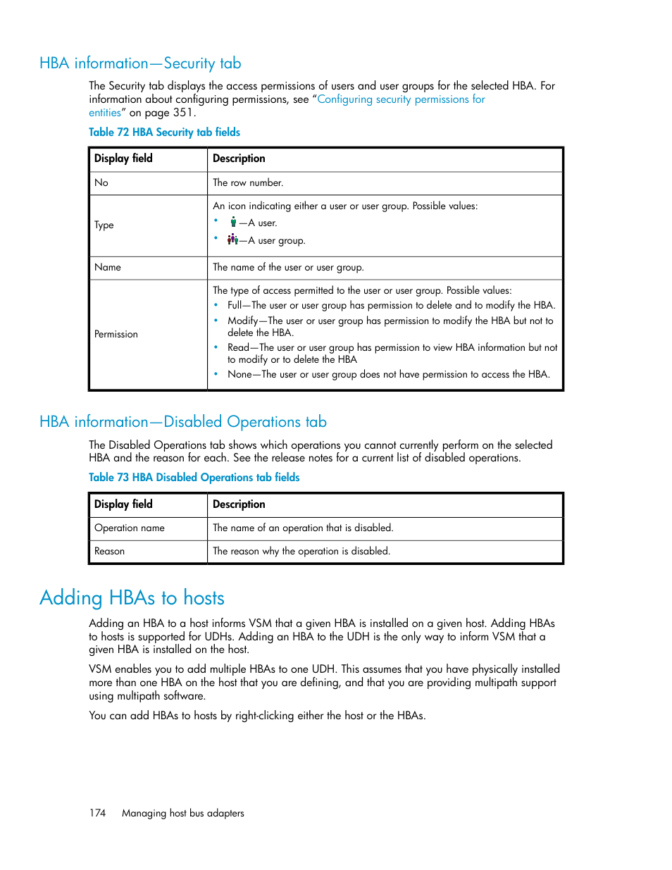 Hba information—security tab, Hba information—disabled operations tab, Adding hbas to hosts | 174 hba information—disabled operations tab, Hba security tab fields, Hba disabled operations tab fields | HP SAN Virtualization Services Platform User Manual | Page 174 / 400