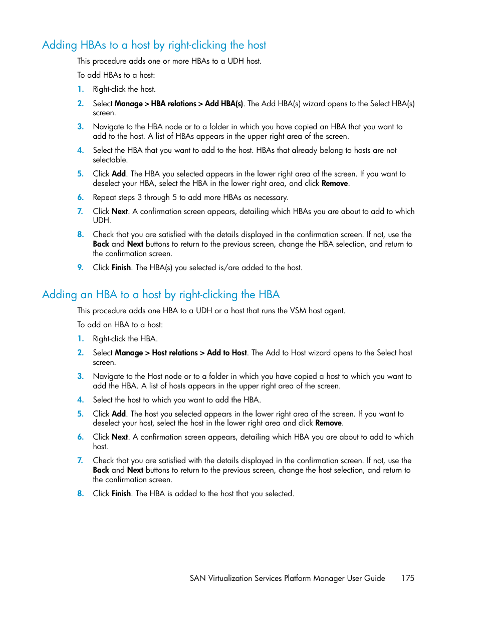 Adding hbas to a host by right-clicking the host, Adding an hba to a host by right-clicking the hba | HP SAN Virtualization Services Platform User Manual | Page 175 / 400