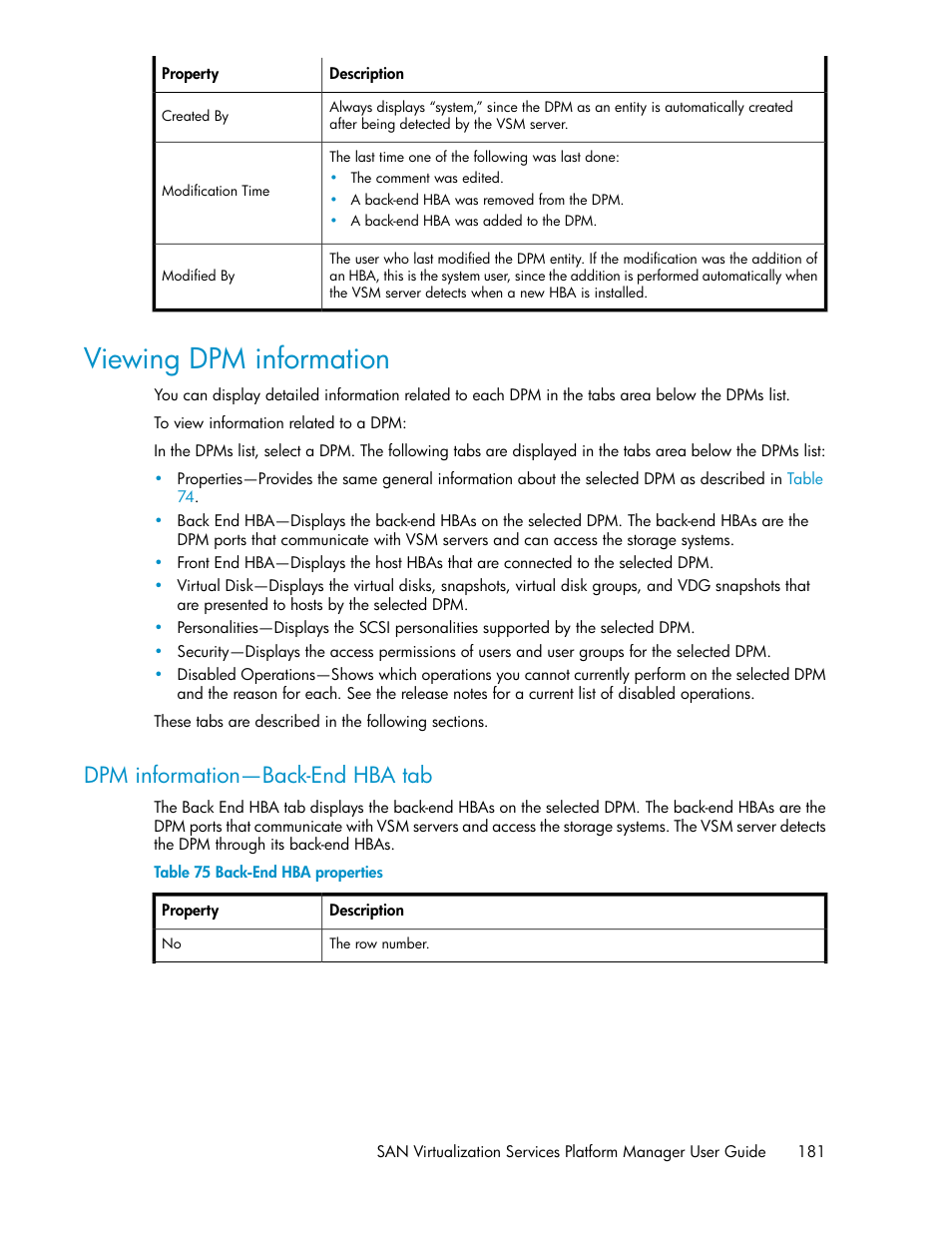 Viewing dpm information, Dpm information—back-end hba tab, Back-end hba properties | HP SAN Virtualization Services Platform User Manual | Page 181 / 400