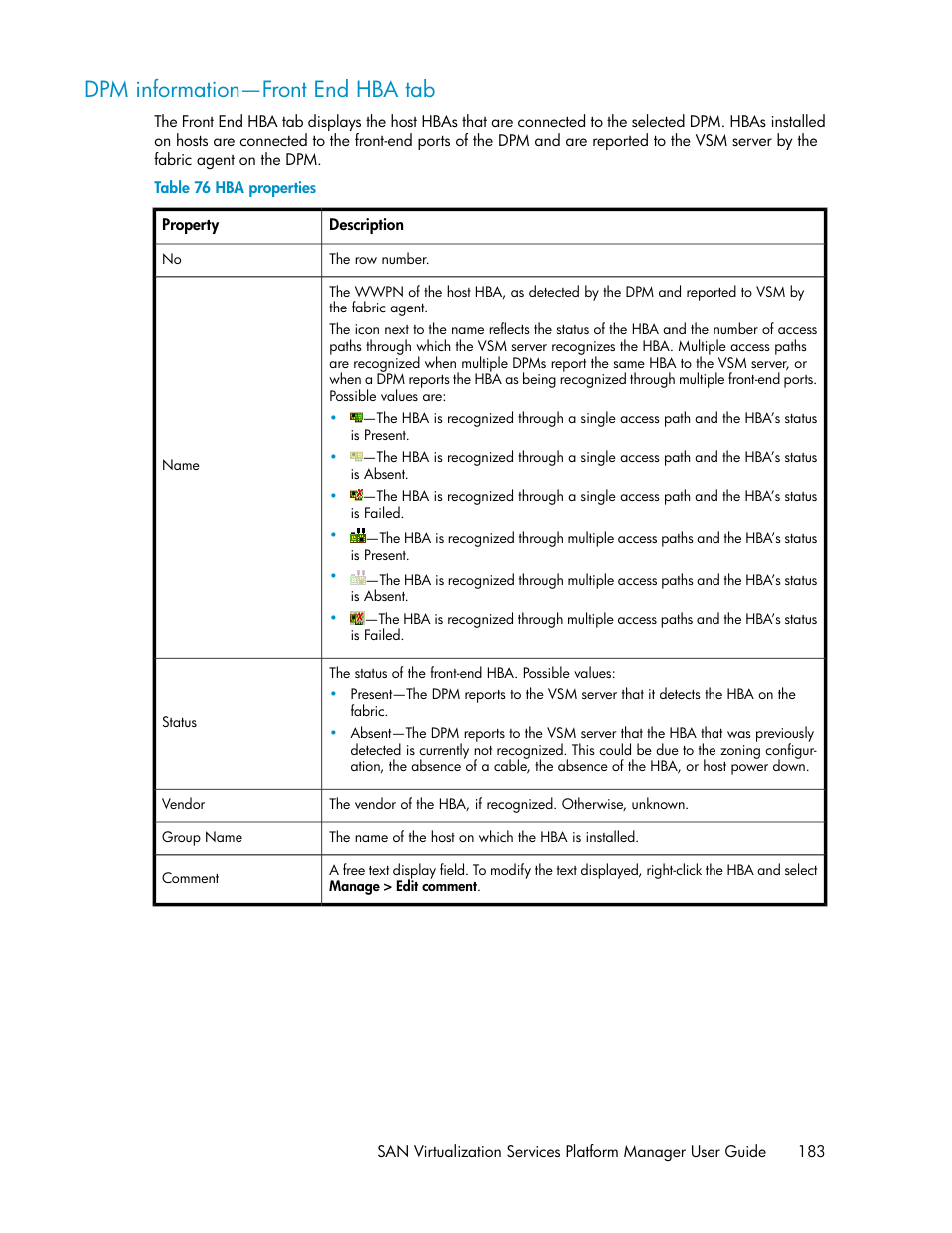Dpm information—front end hba tab, Hba properties | HP SAN Virtualization Services Platform User Manual | Page 183 / 400