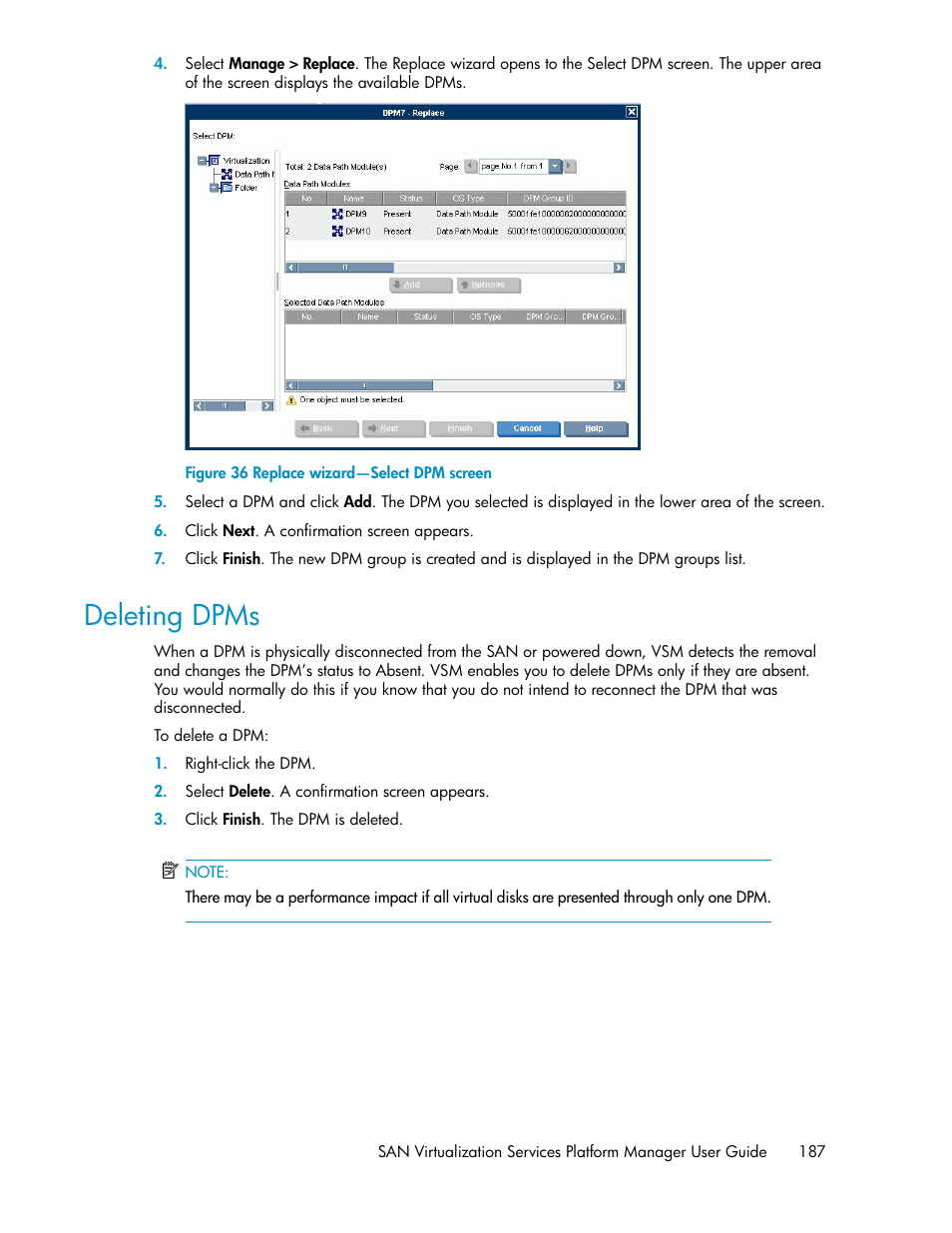 Deleting dpms, Replace wizard—select dpm screen | HP SAN Virtualization Services Platform User Manual | Page 187 / 400