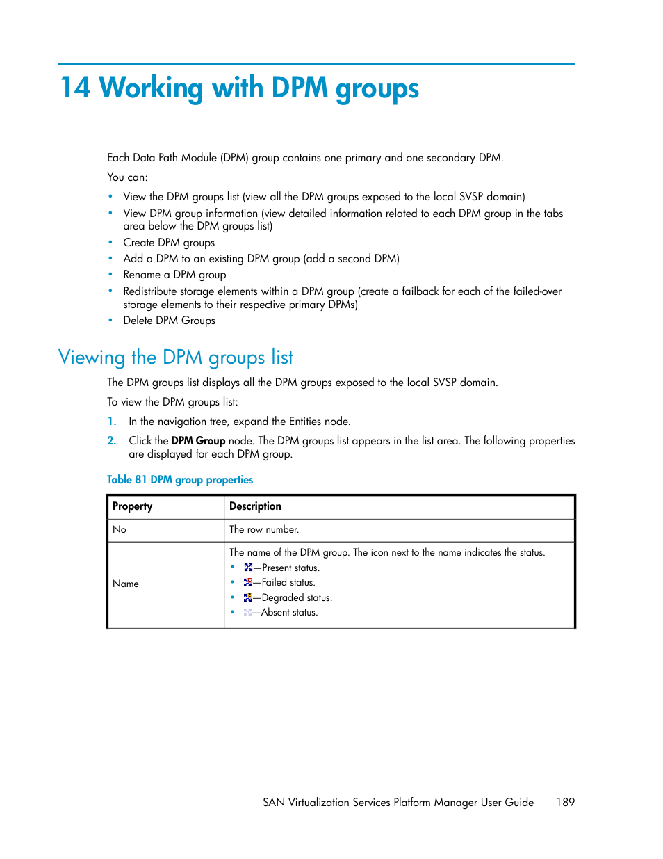 14 working with dpm groups, Viewing the dpm groups list, Dpm group properties | HP SAN Virtualization Services Platform User Manual | Page 189 / 400