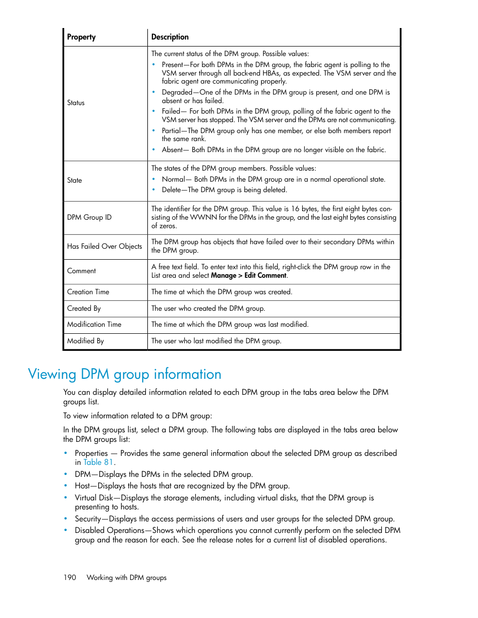 Viewing dpm group information | HP SAN Virtualization Services Platform User Manual | Page 190 / 400