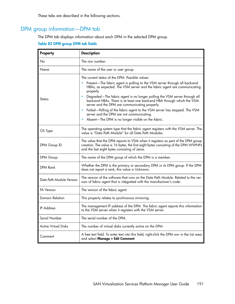 Dpm group information—dpm tab, Dpm group dpm tab fields | HP SAN Virtualization Services Platform User Manual | Page 191 / 400