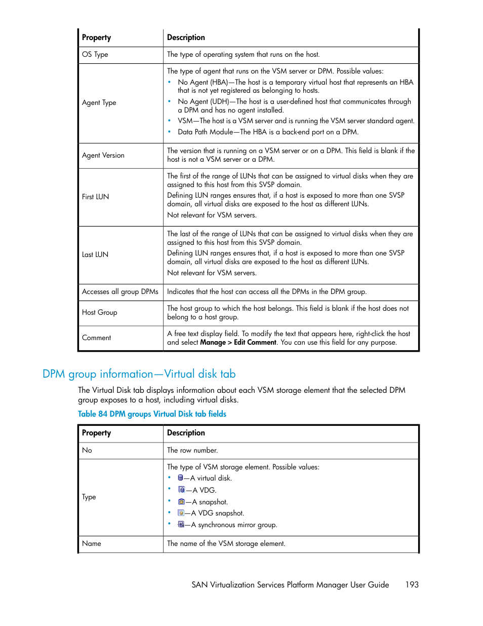 Dpm group information—virtual disk tab, Dpm groups virtual disk tab fields | HP SAN Virtualization Services Platform User Manual | Page 193 / 400