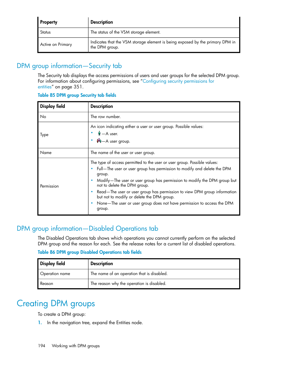 Dpm group information—security tab, Dpm group information—disabled operations tab, Creating dpm groups | 194 dpm group information—disabled operations tab, Dpm group security tab fields, Dpm group disabled operations tab fields | HP SAN Virtualization Services Platform User Manual | Page 194 / 400