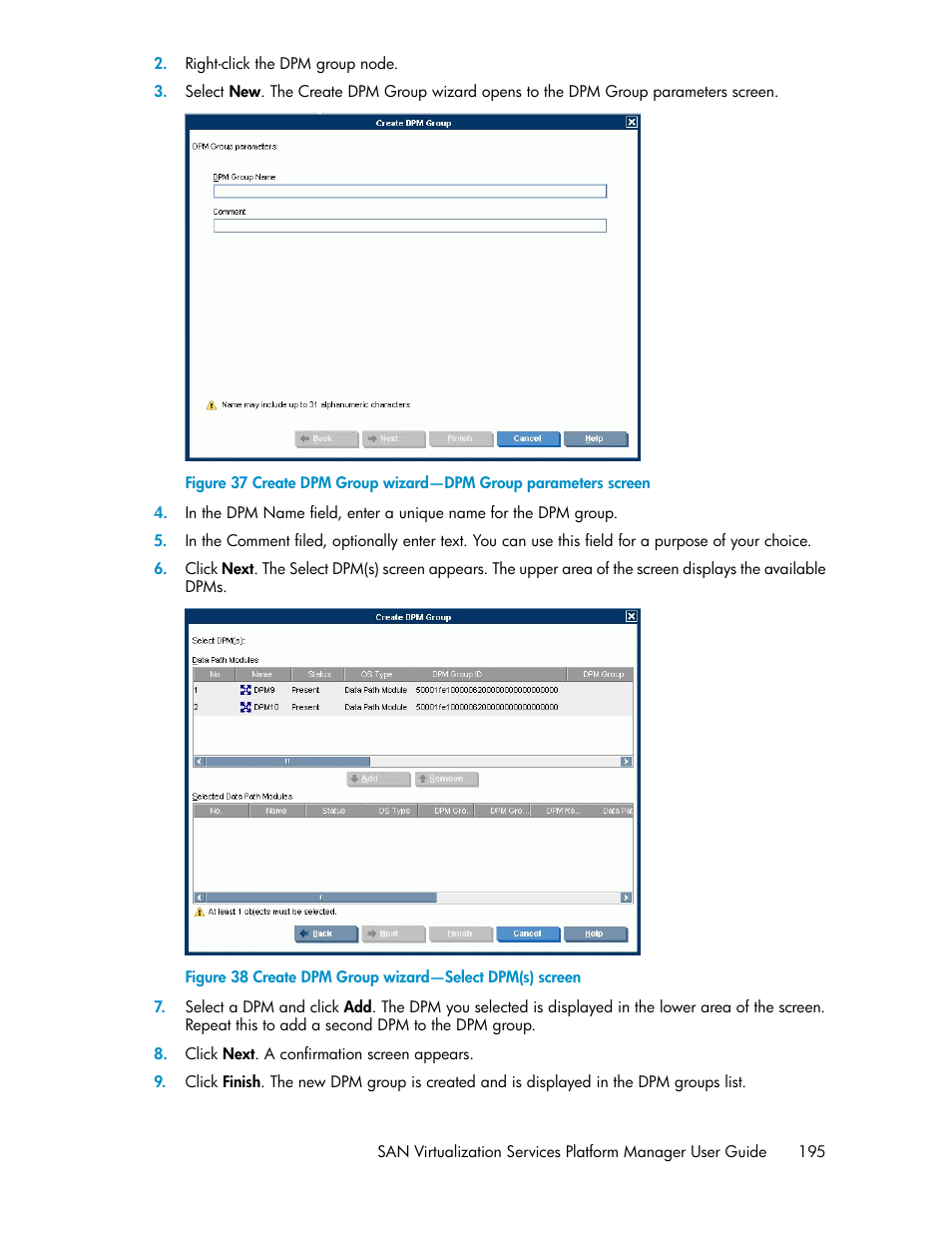 Create dpm group wizard—select dpm(s) screen | HP SAN Virtualization Services Platform User Manual | Page 195 / 400