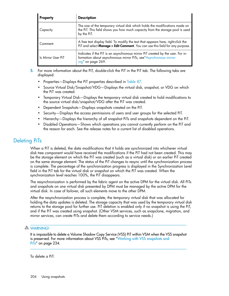 Deleting pits | HP SAN Virtualization Services Platform User Manual | Page 204 / 400