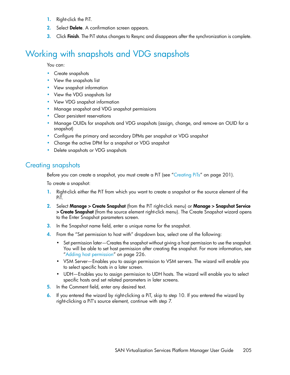 Working with snapshots and vdg snapshots, Creating snapshots | HP SAN Virtualization Services Platform User Manual | Page 205 / 400