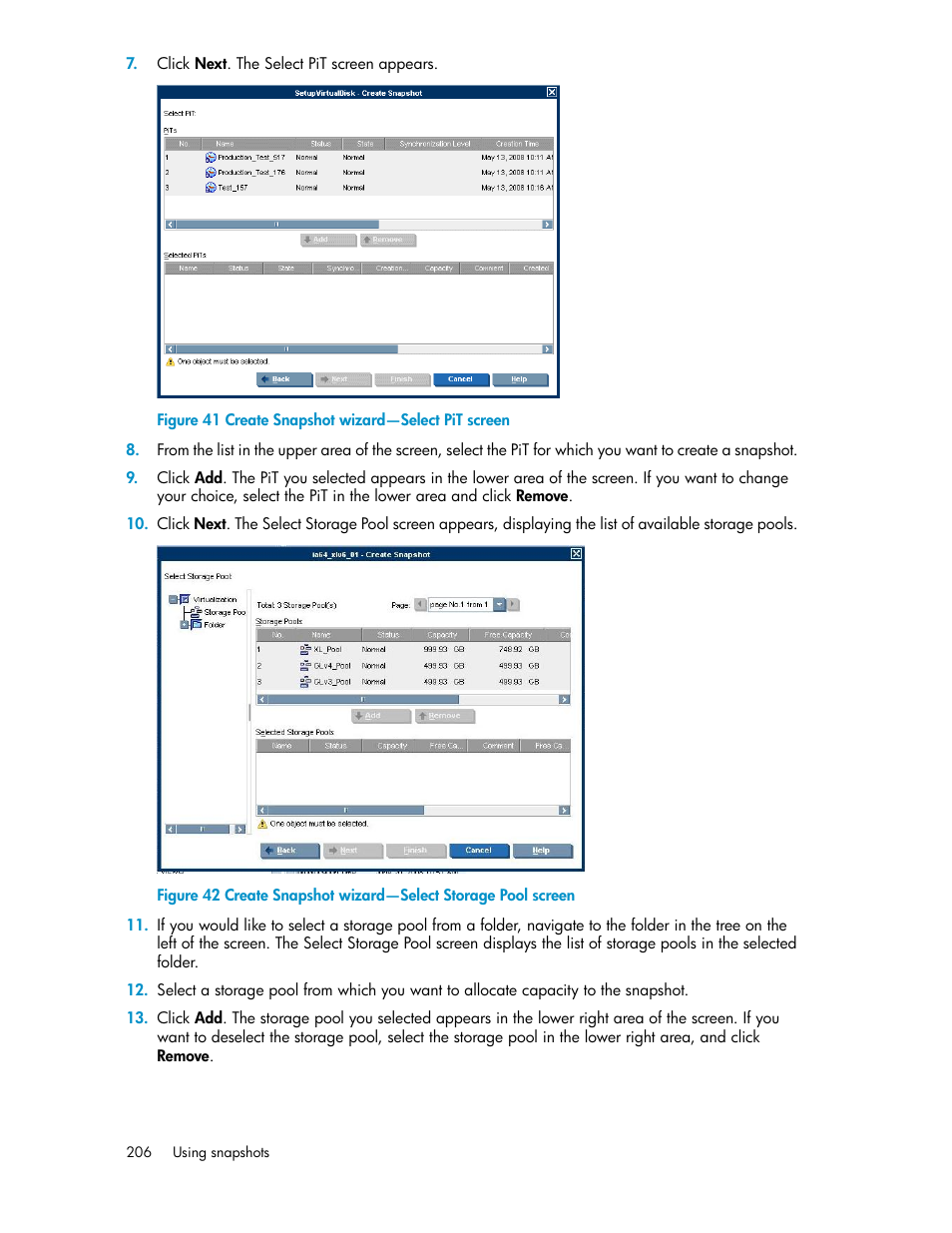 Create snapshot wizard—select pit screen, Create snapshot wizard—select storage pool screen | HP SAN Virtualization Services Platform User Manual | Page 206 / 400