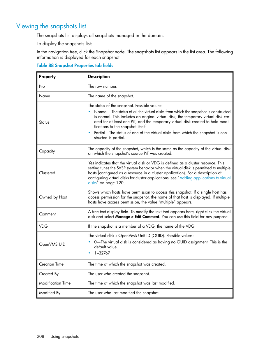Viewing the snapshots list, Snapshot properties tab fields | HP SAN Virtualization Services Platform User Manual | Page 208 / 400