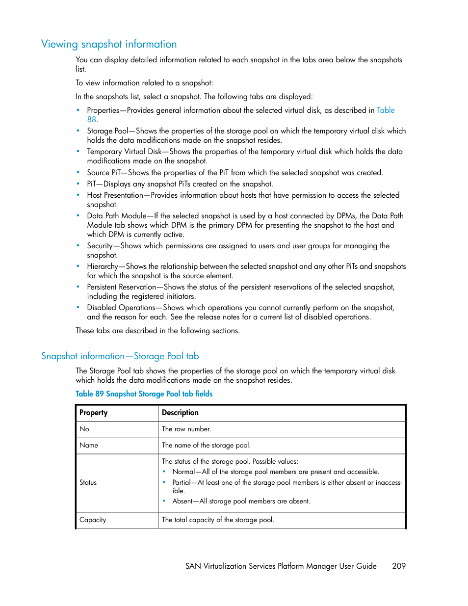 Viewing snapshot information, Snapshot information—storage pool tab, Snapshot storage pool tab fields | HP SAN Virtualization Services Platform User Manual | Page 209 / 400