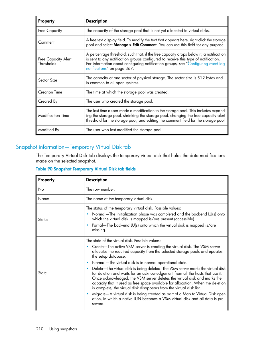 Snapshot information—temporary virtual disk tab, Snapshot temporary virtual disk tab fields | HP SAN Virtualization Services Platform User Manual | Page 210 / 400