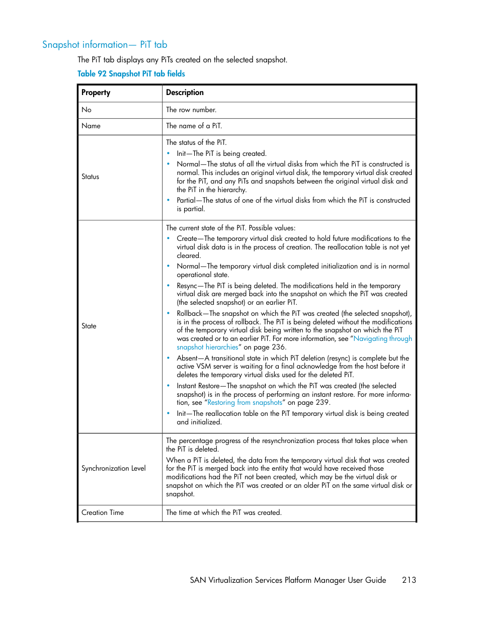 Snapshot information— pit tab, Snapshot pit tab fields | HP SAN Virtualization Services Platform User Manual | Page 213 / 400