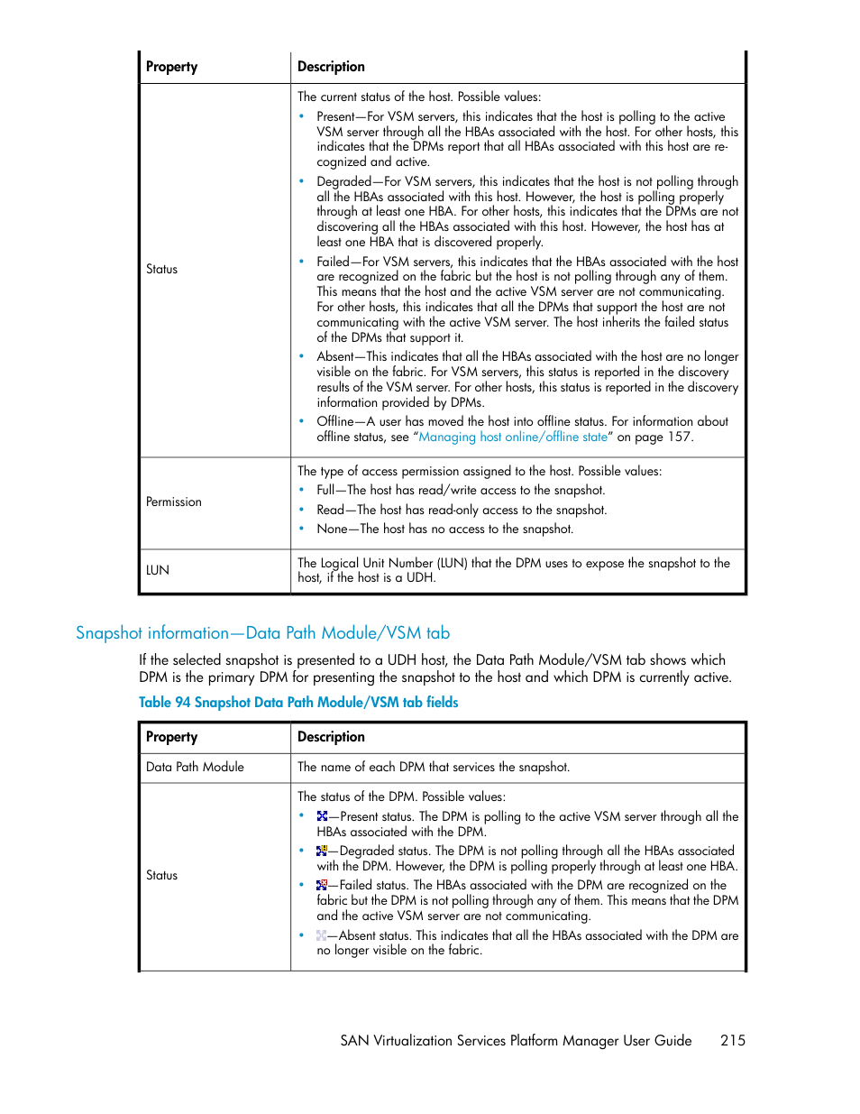Snapshot information—data path module/vsm tab, Snapshot data path module/vsm tab fields, Snapshot information--data path module tab | HP SAN Virtualization Services Platform User Manual | Page 215 / 400