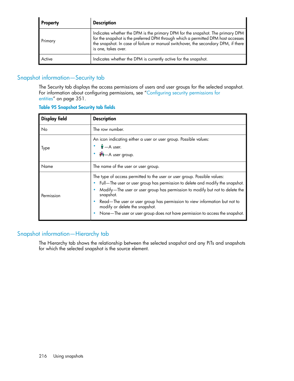 Snapshot information—security tab, Snapshot information—hierarchy tab, 216 snapshot information—hierarchy tab | Snapshot security tab fields | HP SAN Virtualization Services Platform User Manual | Page 216 / 400