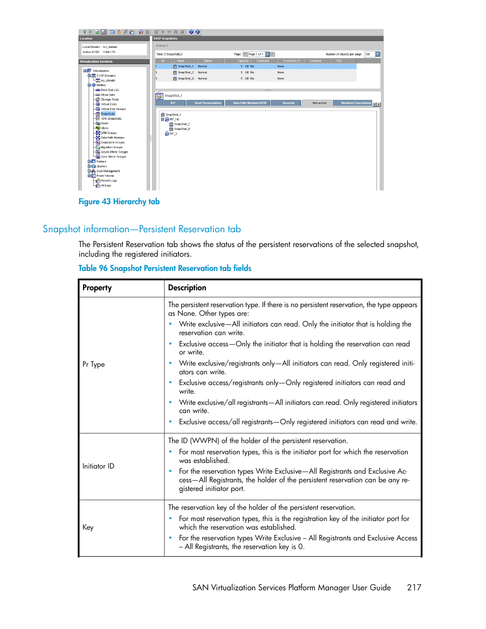Snapshot information—persistent reservation tab, Hierarchy tab, Snapshot persistent reservation tab fields | HP SAN Virtualization Services Platform User Manual | Page 217 / 400
