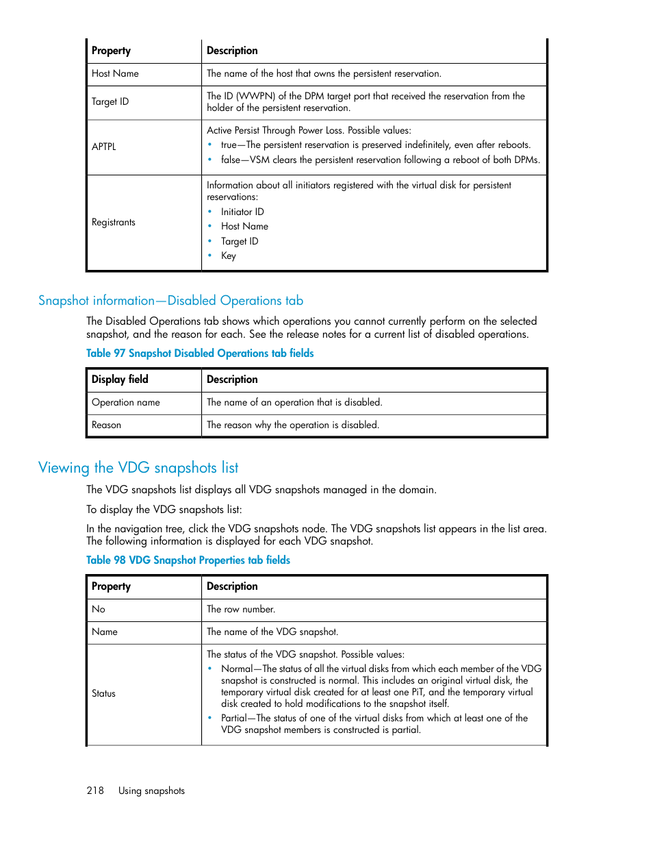 Snapshot information—disabled operations tab, Viewing the vdg snapshots list, Snapshot disabled operations tab fields | Vdg snapshot properties tab fields | HP SAN Virtualization Services Platform User Manual | Page 218 / 400