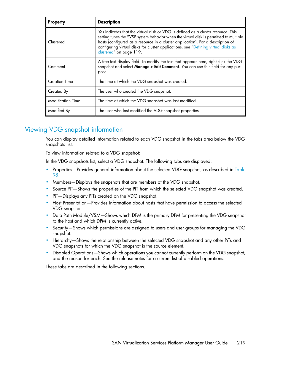 Viewing vdg snapshot information | HP SAN Virtualization Services Platform User Manual | Page 219 / 400