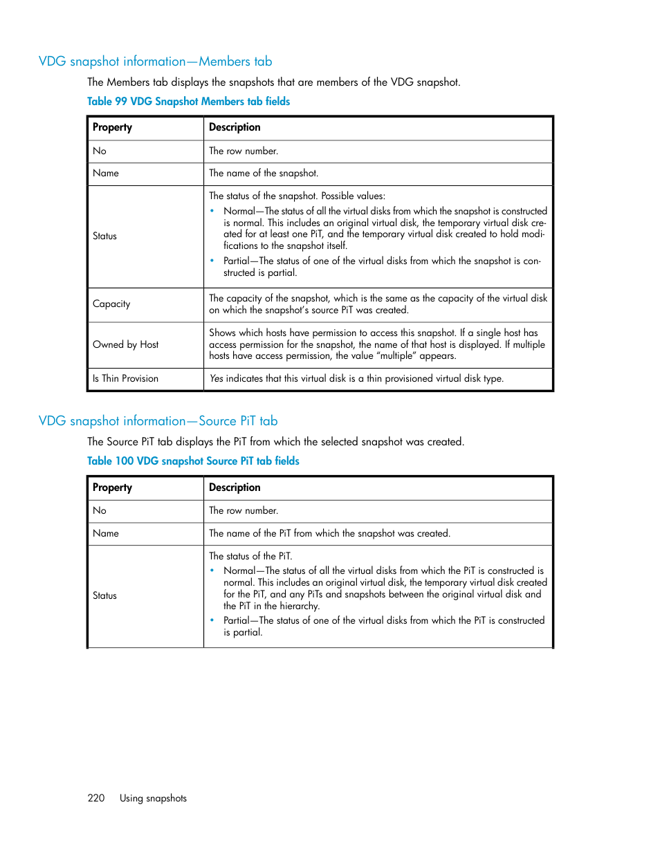 Vdg snapshot information—members tab, Vdg snapshot information—source pit tab, 220 vdg snapshot information—source pit tab | Vdg snapshot members tab fields, Vdg snapshot source pit tab fields | HP SAN Virtualization Services Platform User Manual | Page 220 / 400