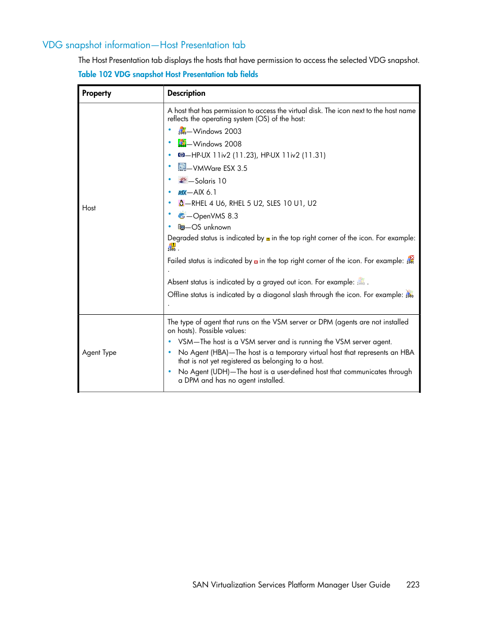 Vdg snapshot information—host presentation tab, Vdg snapshot host presentation tab fields | HP SAN Virtualization Services Platform User Manual | Page 223 / 400