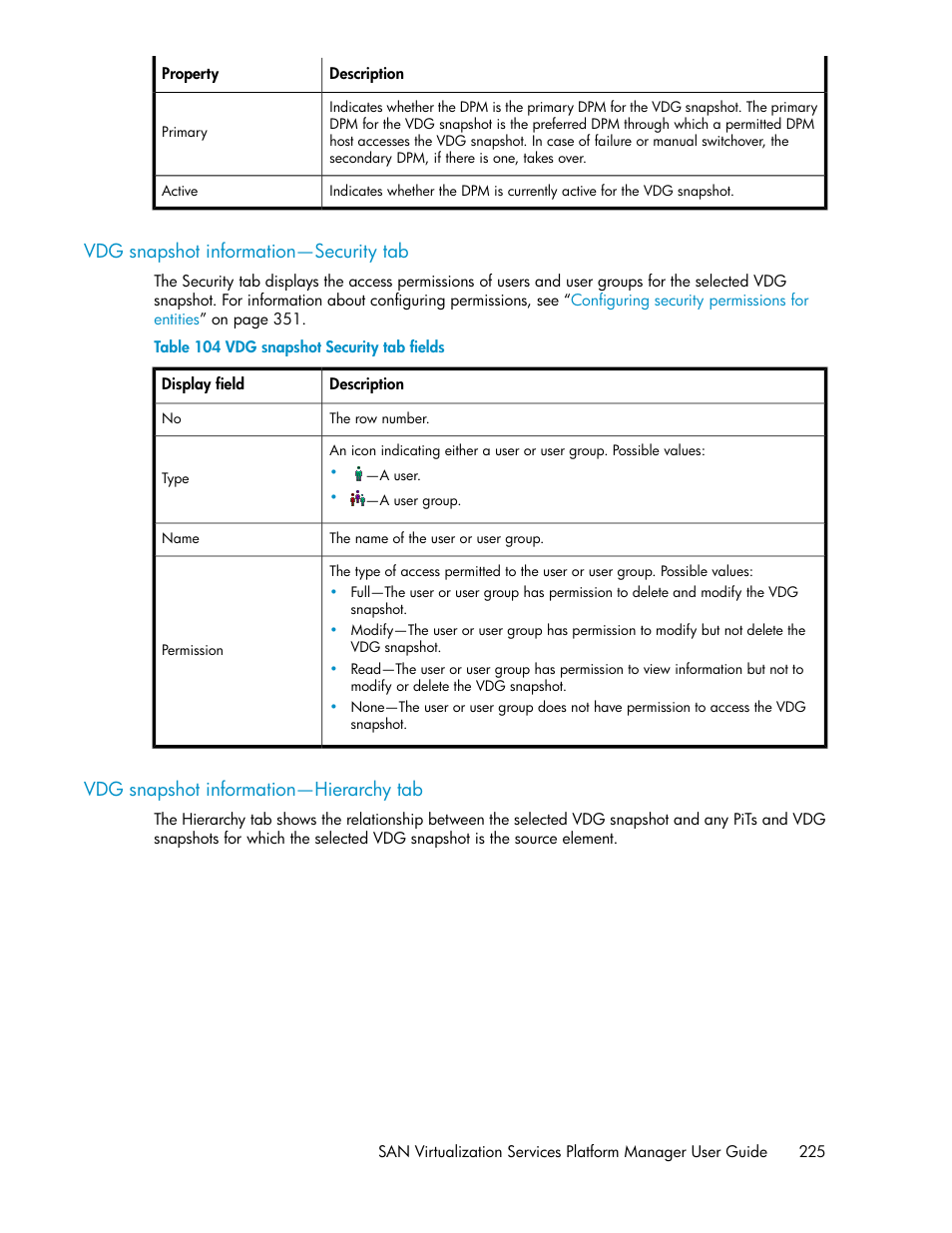 Vdg snapshot information—security tab, Vdg snapshot information—hierarchy tab, 225 vdg snapshot information—hierarchy tab | Vdg snapshot security tab fields | HP SAN Virtualization Services Platform User Manual | Page 225 / 400