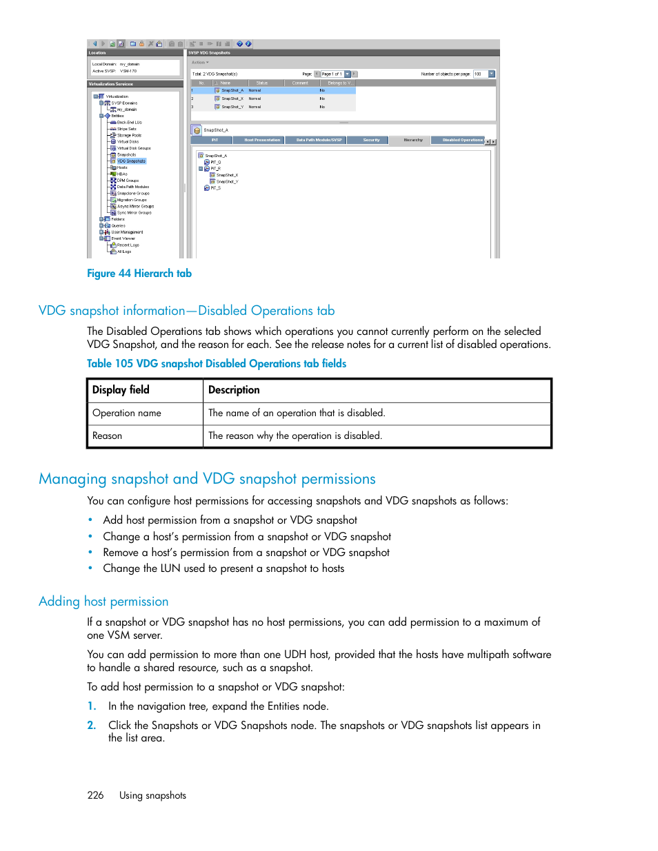 Vdg snapshot information—disabled operations tab, Managing snapshot and vdg snapshot permissions, Adding host permission | Hierarch tab, Vdg snapshot disabled operations tab fields, Managing, Snapshot and vdg snapshot permissions | HP SAN Virtualization Services Platform User Manual | Page 226 / 400