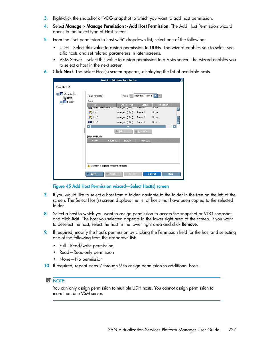 Add host permission wizard—select host(s) screen | HP SAN Virtualization Services Platform User Manual | Page 227 / 400