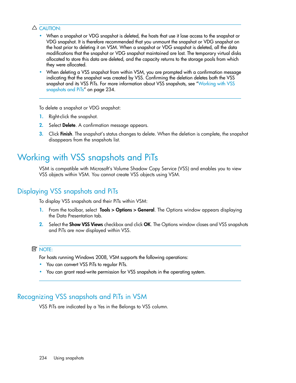 Working with vss snapshots and pits, Displaying vss snapshots and pits, Recognizing vss snapshots and pits in vsm | 234 recognizing vss snapshots and pits in vsm, Working with vss snapshots and, Pits | HP SAN Virtualization Services Platform User Manual | Page 234 / 400