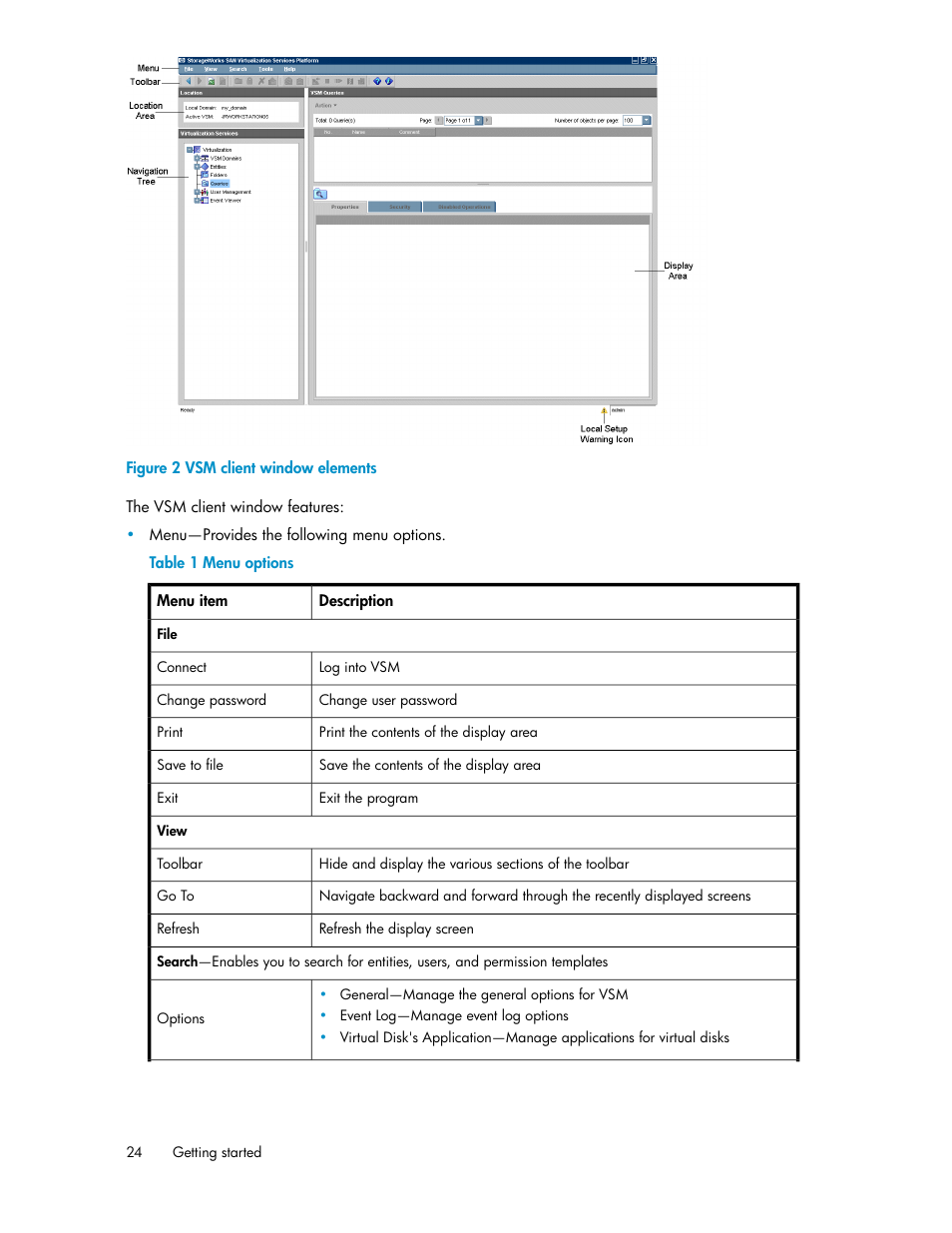 Vsm client window elements, Menu options | HP SAN Virtualization Services Platform User Manual | Page 24 / 400