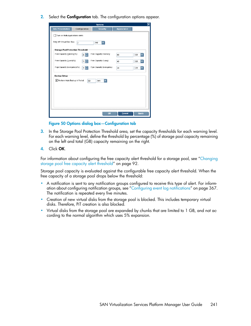 Options dialog box—configuration tab | HP SAN Virtualization Services Platform User Manual | Page 241 / 400