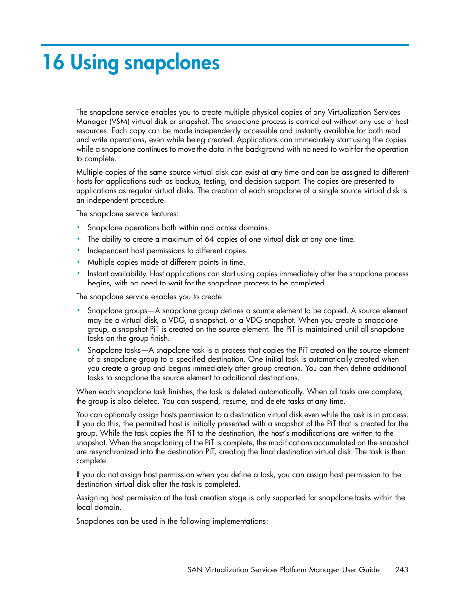 16 using snapclones, Using snapclones | HP SAN Virtualization Services Platform User Manual | Page 243 / 400