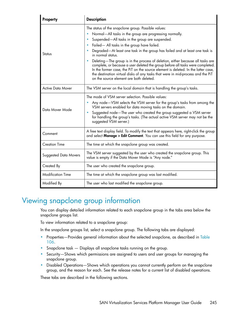 Viewing snapclone group information | HP SAN Virtualization Services Platform User Manual | Page 245 / 400