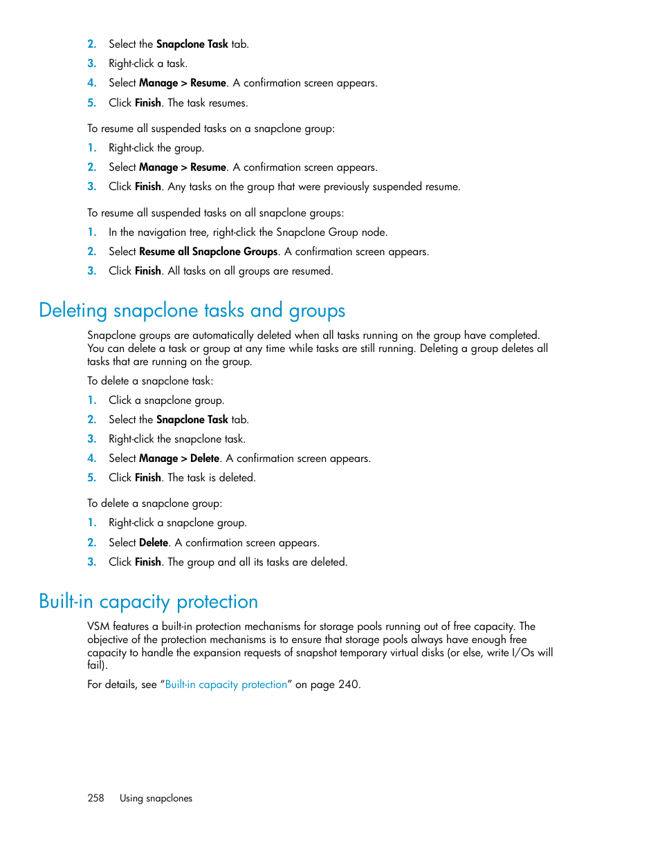 Deleting snapclone tasks and groups, Built-in capacity protection, 258 built-in capacity protection | HP SAN Virtualization Services Platform User Manual | Page 258 / 400