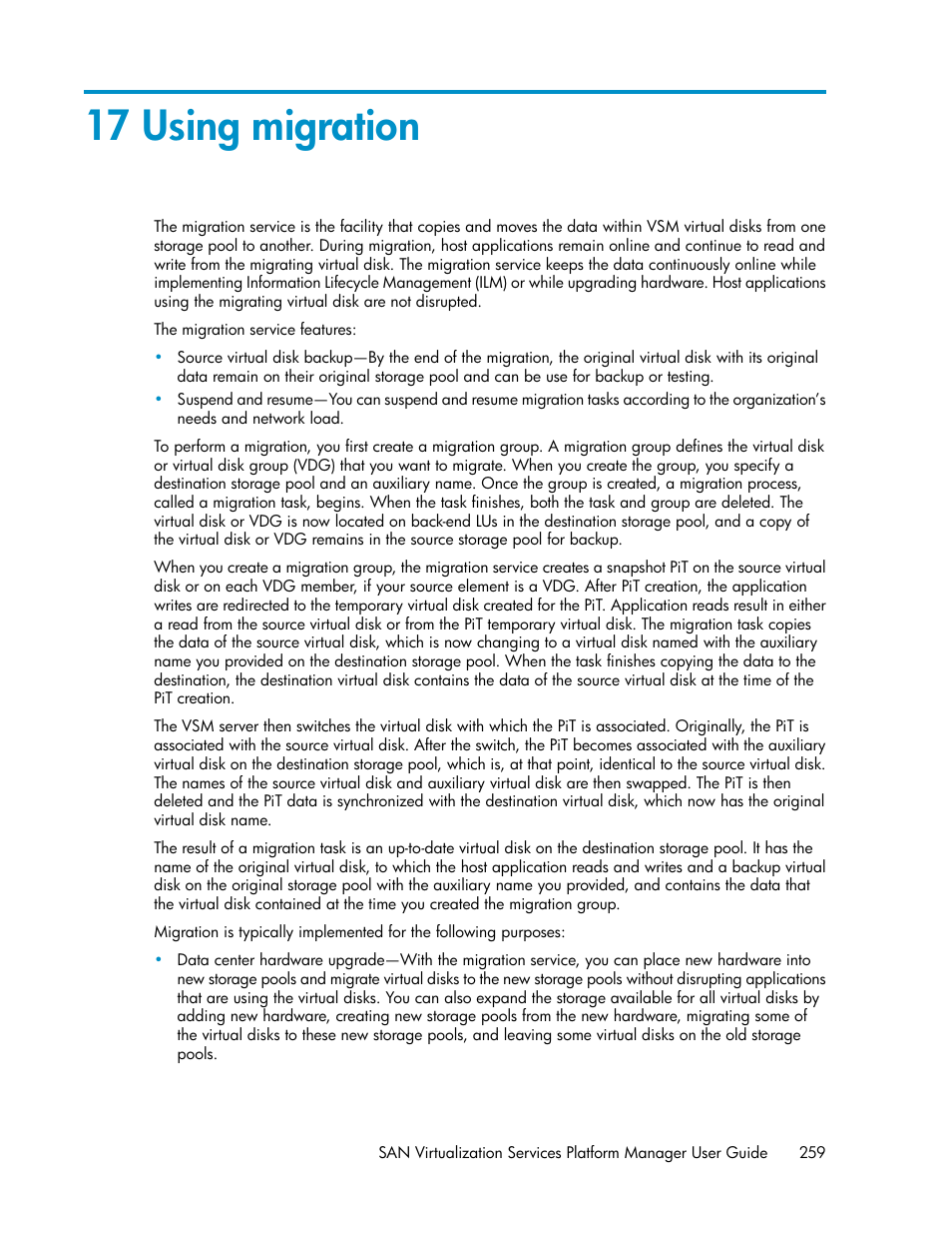 17 using migration, Using, Migration | HP SAN Virtualization Services Platform User Manual | Page 259 / 400