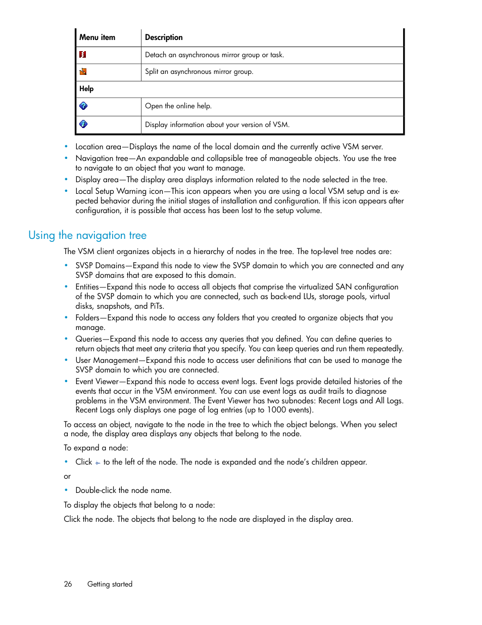 Using the navigation tree | HP SAN Virtualization Services Platform User Manual | Page 26 / 400