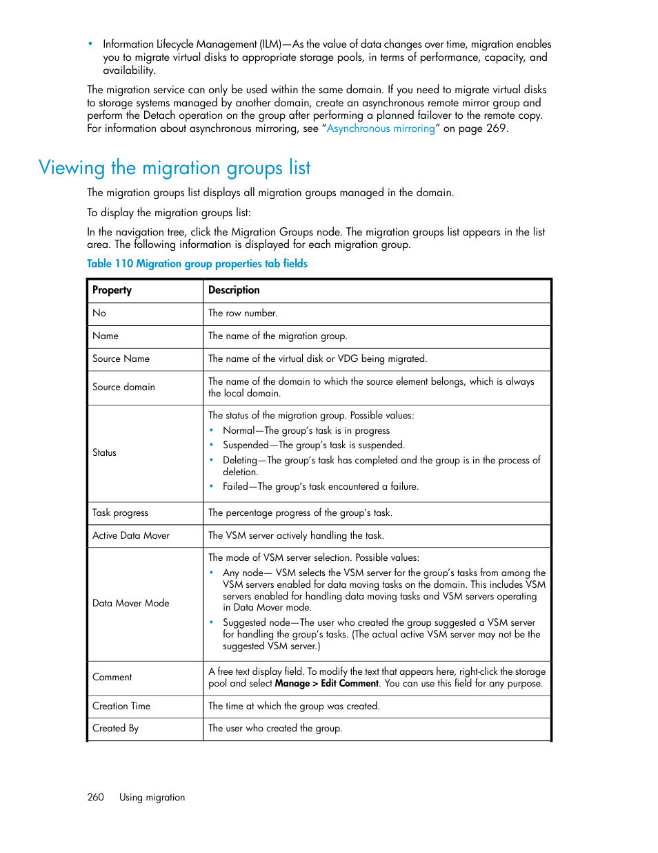 Viewing the migration groups list, Migration group properties tab fields | HP SAN Virtualization Services Platform User Manual | Page 260 / 400