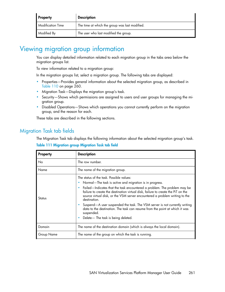 Viewing migration group information, Migration task tab fields, Migration group migration task tab field | HP SAN Virtualization Services Platform User Manual | Page 261 / 400