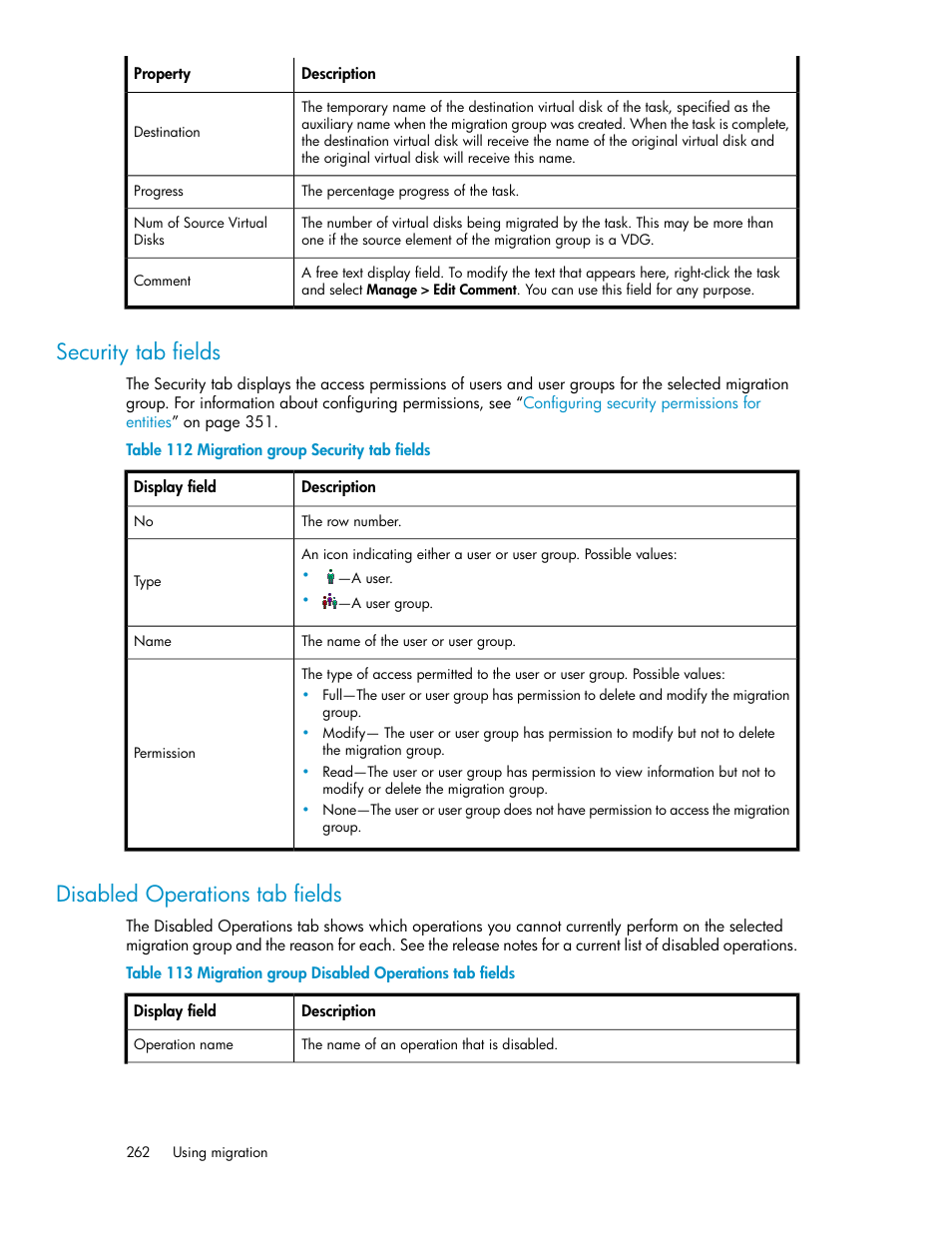 Security tab fields, Disabled operations tab fields, Migration group security tab fields | Migration group disabled operations tab fields | HP SAN Virtualization Services Platform User Manual | Page 262 / 400