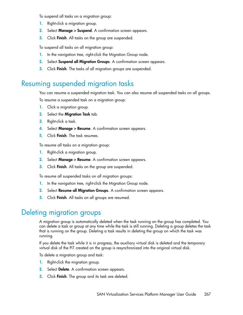 Resuming suspended migration tasks, Deleting migration groups, 267 deleting migration groups | HP SAN Virtualization Services Platform User Manual | Page 267 / 400