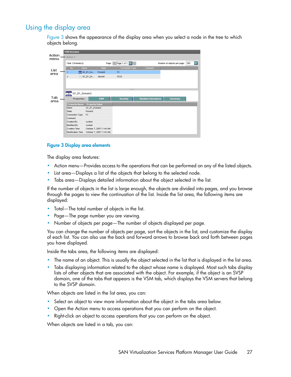 Using the display area, Display area elements | HP SAN Virtualization Services Platform User Manual | Page 27 / 400