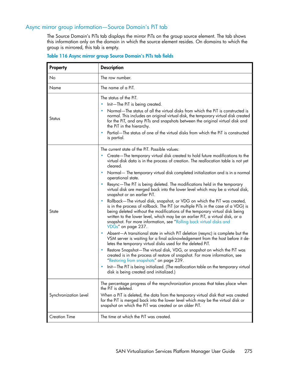 Async mirror group source domain's pits tab fields | HP SAN Virtualization Services Platform User Manual | Page 275 / 400