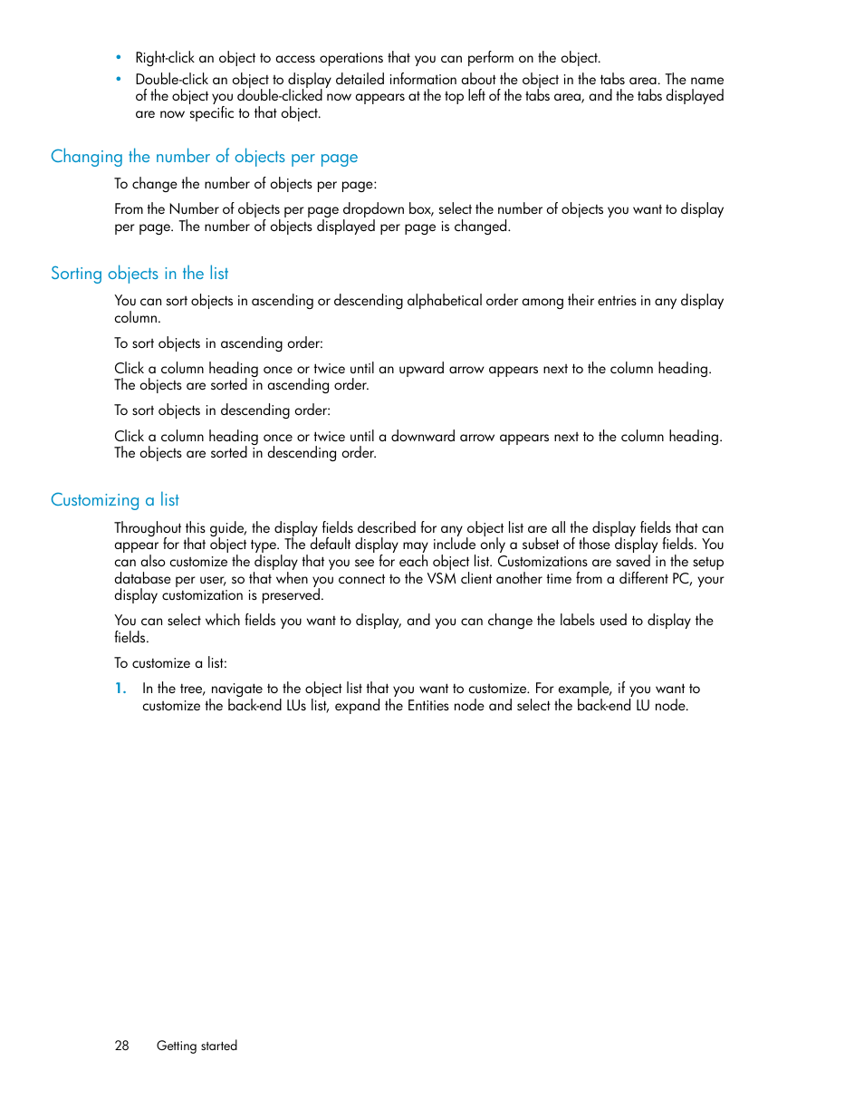 Sorting objects in the list, Customizing a list, 28 sorting objects in the list | 28 customizing a list | HP SAN Virtualization Services Platform User Manual | Page 28 / 400